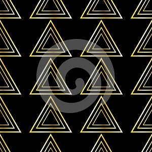 Triangles abstract geometric pattern, gold color on a black background, stock vector illustration