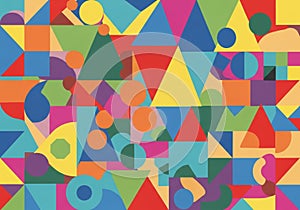 Triangles, circles, squares, and rectangles overlap in a dynamic pattern