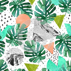 Triangles, circles with watercolor monstera leaf, marble grunge textures.