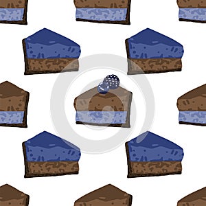 Triangular cake pieses of chocolate and blueberry tastes covered with berries