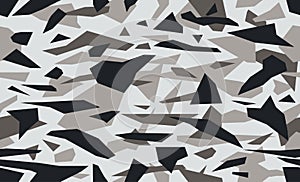 Triangular camouflage pattern background, seamless vector illustration. Masking geometric camo, repeat print. Grey black and white