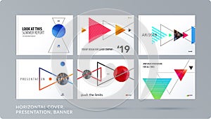 Triangular design presentation template with colourful triangles shadows. Abstract vector set of modern horizontal
