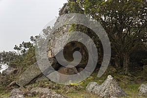 A Triangular extrange ancient monolith with a hole surrounded by trees photo