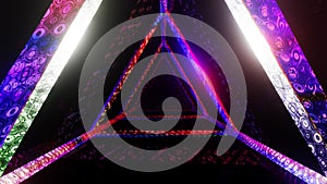 Triangular Geometric Magic Tunnel Rotate Shape Sparkles Colorful and Bright to the Music 3d Render. Flickering Disco