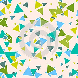 Triangular geometric seamless pattern with colorful green, blue random triangles on pastel beige background.