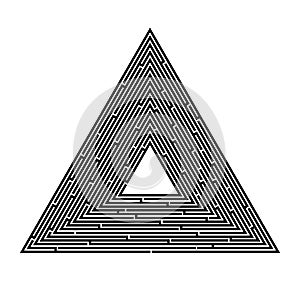 Triangular maze on a white background, pyramid, search for an exit, solution