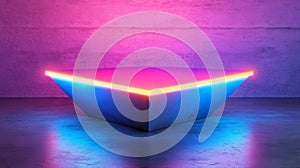 Triangular Neon Platform in Pink and Blue Lit Concrete Room