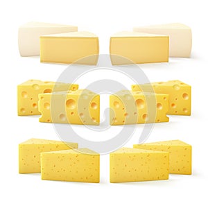 Triangular Pieces of Various Kind of Cheese Swiss Bri Camembert Close up on White Background