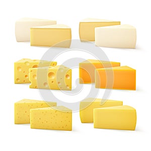 Triangular Pieces of Various Kind of Cheese Swiss Cheddar Bri Parmesan Camembert Close up on White Background