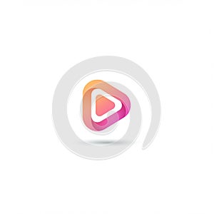 A triangular play button design with a gradient of orange to pink, featuring rounded