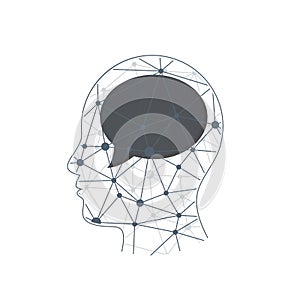 Triangular polygonal geometric head presentation with speech bubble.