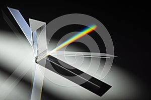 Triangular Prism dispersing sun beam splitting into a spectrum on white background