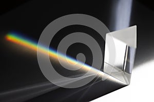 Triangular Prism dispersing sun beam splitting into a spectrum on white background