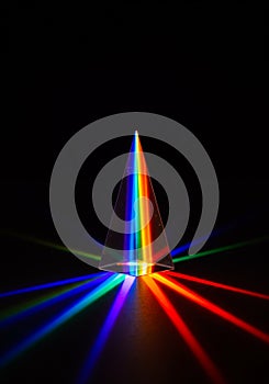 A triangular prism sits on a dark surface, dispersing light into a vivid spectrum of photo