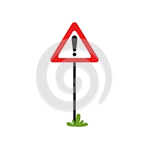 Triangular road sign with exclamation mark. Warning traffic sign indicates hazard ahead. Possible danger. Flat vector