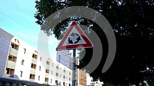 Triangular road sign instruct drivers move Roundabout