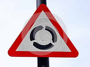 Triangular roundabout warning sign Birkenhead Wirral August 2019