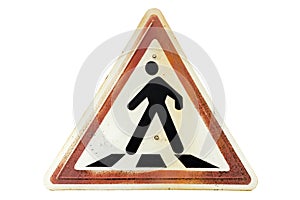 Triangular rusty ginger border road sign `Pedestrian crossing`