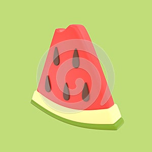 Triangular slice of red watermelon on green background. Bitten off slice. 3D rendering
