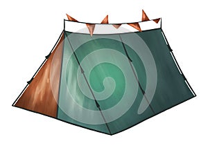 Triangular tourist tent in blue-orange color. Equipment for outdoor activities, travel and hiking. A place for camping, picnics in