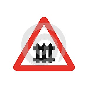 Triangular traffic signal in white and red, isolated on white background. Warning of guarded railway crossing