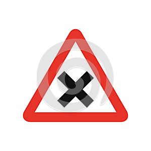 Triangular traffic signal in white and red, isolated on white background. Warning of crossroad ahead with priority on the right