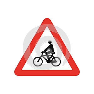 Triangular traffic signal in white and red, isolated on white background. Warning of cycle crossing