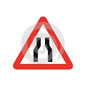 Triangular traffic signal in white and red, isolated on white background. Warning of narrow road ahead