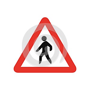 Triangular traffic signal in white and red, isolated on white background. Warning of pedestrian crossing