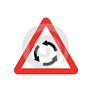 Triangular traffic signal in white and red, isolated on white background. Warning of roundabout ahead