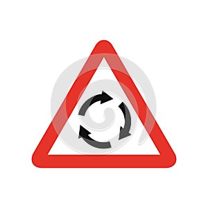 Triangular traffic signal in white and red, isolated on white background. Warning of roundabout ahead