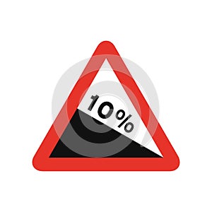 Triangular traffic signal in white and red, isolated on white background. Warning of steep descent