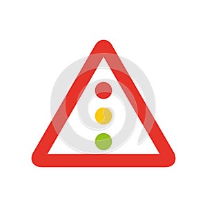 Triangular traffic signal in white and red, isolated on white background. Warning of traffic lights ahead