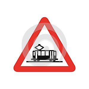 Triangular traffic signal in white and red, isolated on white background. Warning of tram crossing