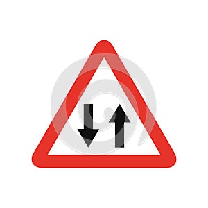 Triangular traffic signal in white and red, isolated on white background. Warning of two-way traffic straight ahead