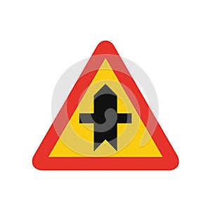 Triangular traffic signal in yellow and red, isolated on white background. Temporary warning of crossroad ahead with priority