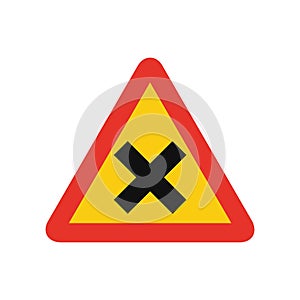 Triangular traffic signal in yellow and red, isolated on white background. Temporary warning of crossroad ahead with priority on