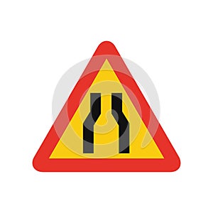 Triangular traffic signal in yellow and red, isolated on white background. Temporary warning of narrow road ahead