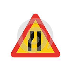Triangular traffic signal in yellow and red, isolated on white background. Temporary warning of narrow road ahead on left side