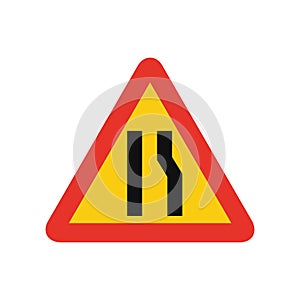 Triangular traffic signal in yellow and red, isolated on white background. Temporary warning of narrow road ahead on right side