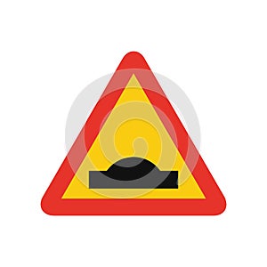 Triangular traffic signal in yellow and red, isolated on white background. Temporary warning of road hump