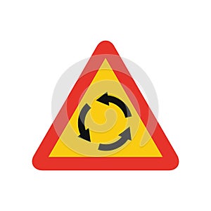 Triangular traffic signal in yellow and red, isolated on white background. Temporary warning of roundabout ahead