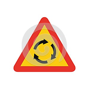 Triangular traffic signal in yellow and red, isolated on white background. Temporary warning of roundabout ahead