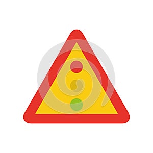 Triangular traffic signal in yellow and red, isolated on white background. Temporary warning of traffic lights ahead