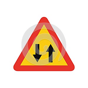 Triangular traffic signal in yellow and red, isolated on white background. Temporary warning of two-way traffic straight ahead