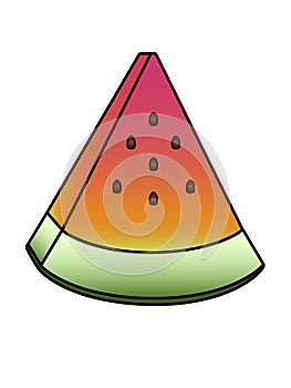 A triangular, volumetric, juicy, sweet slice of watermelon. Sliced watermelon with seeds and peel - isometry. Triangular slice of