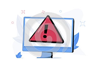 Tiny people examining operating system error warning on web page isolated flat vector illustration. Cartoon mistake.