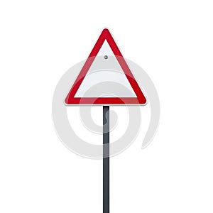 Triangular Warning Sign with Red Border on a Pole Against a White Background caution danger
