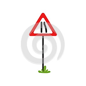 Triangular warning traffic sign road narrows to left. Flat vector design for educational book, infographic poster or