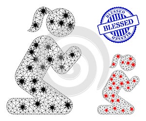 Triangulated Mesh Praying Girl Pictograms with Infection Centers and Grunge Round Blessed Seal